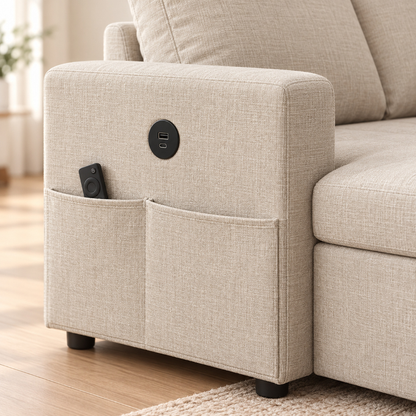 VIVO Beige sofa bed arm with USB-A and USB-C ports and storage pockets