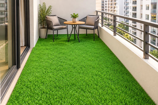 Artificial grass across a residential city balcony — styling visualisation