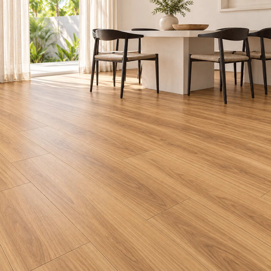 Mangrove Teak SPC flooring in a contemporary room - styling visualisation