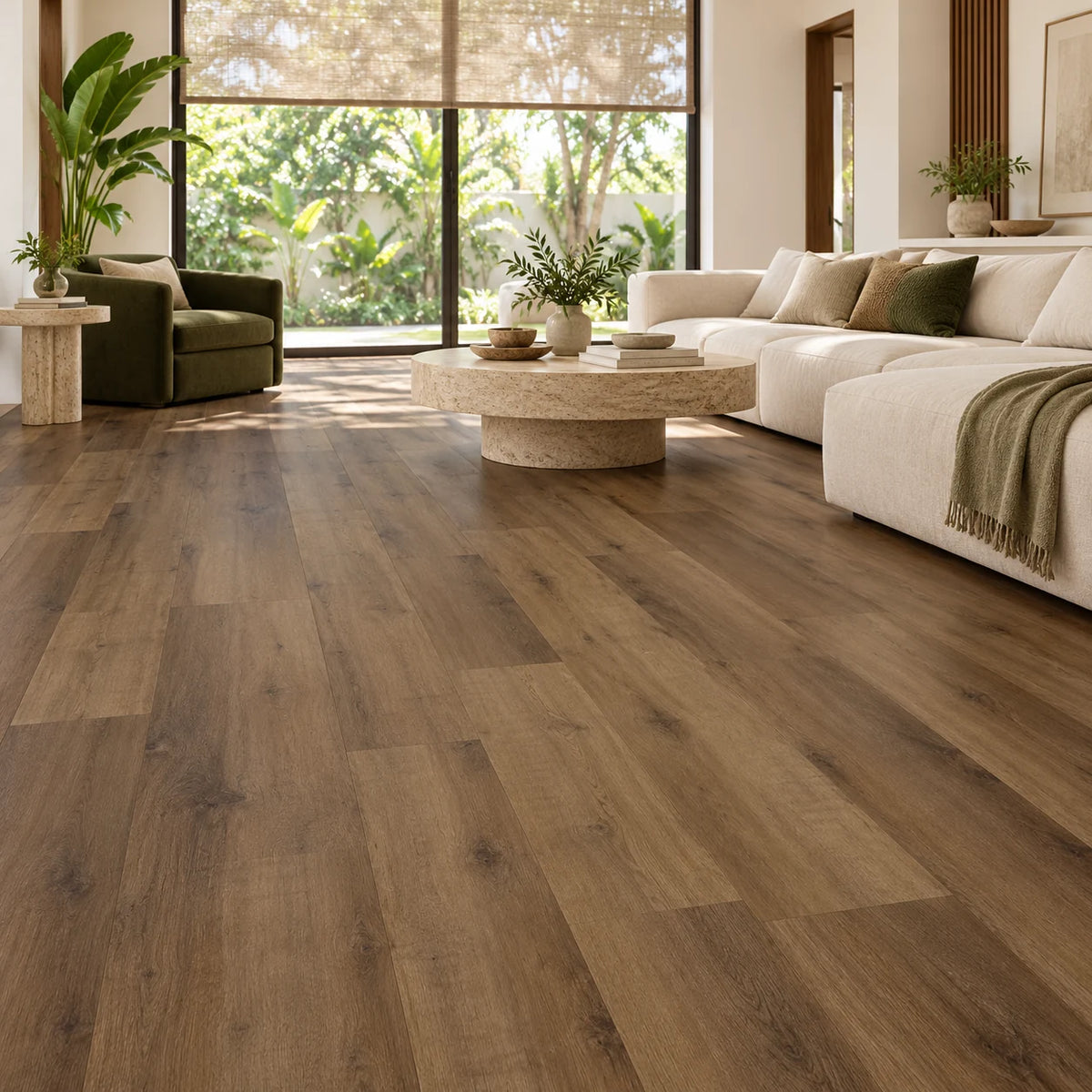 Monsoon Walnut SPC flooring in a contemporary room - styling visualisation