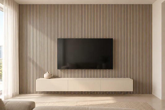 Oak acoustic panel TV feature wall — styling visualisation