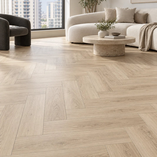 Shell Beige SPC flooring in a contemporary room - styling visualisation
