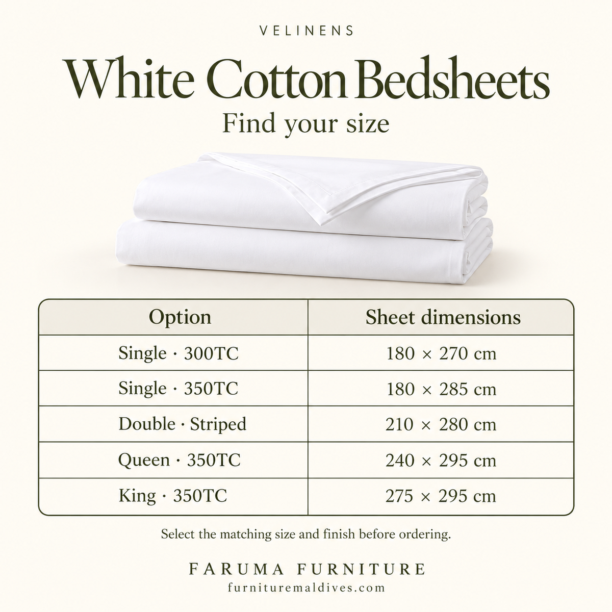 White Cotton Bedsheets · 300TC, 350TC & Striped — size and product specification guide