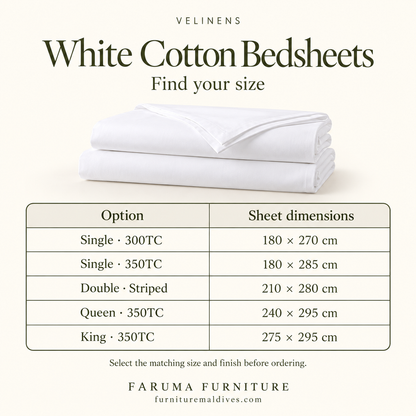 White Cotton Bedsheets · 300TC, 350TC & Striped — size and product specification guide