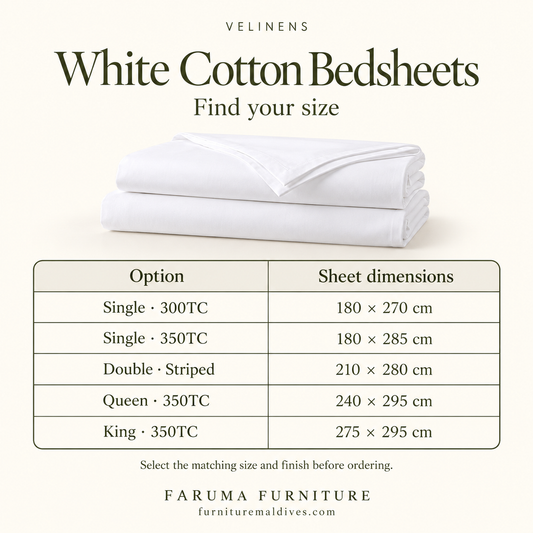 White Cotton Bedsheets · 300TC, 350TC & Striped — size and product specification guide